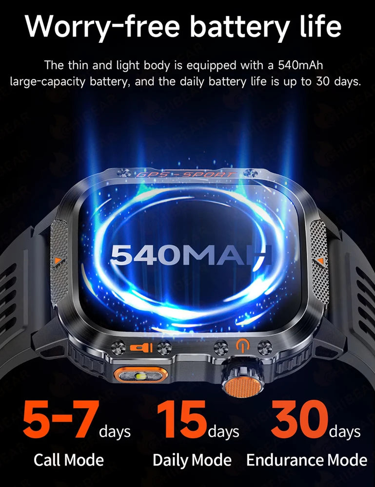 Military GPS Smartwatch Men | 2.01" AMOLED Flashlight Bluetooth 3ATM Waterproof