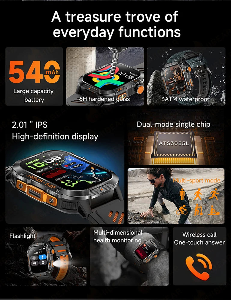 Military GPS Smartwatch Men | 2.01" AMOLED Flashlight Bluetooth 3ATM Waterproof