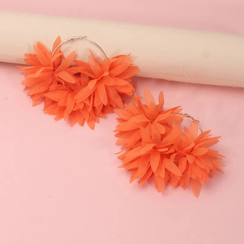 Fashion Orange Fabric Flower Hoop Earrings Women Party Accessories Elegant Bohemian Large Round Earrings SummerJewerlry Gift