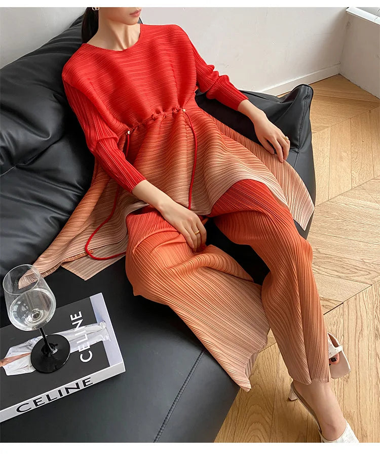 Miyake Fold Suit for Women 2024 Spring Summer Loose Foreign Style Two-piece Fashion Meat Shield Wide-leg Pants Two-piece Set