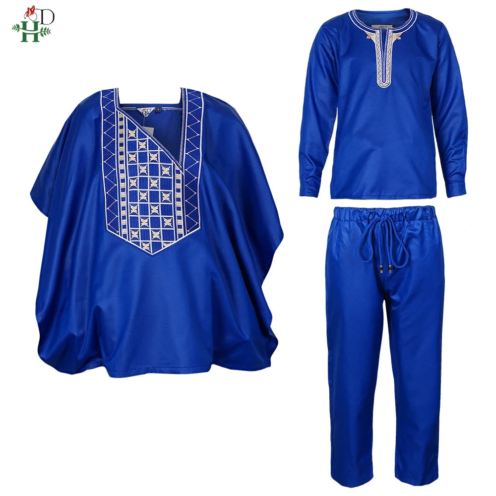 Boys White Blue Long Sleeve Tops Embroidery Dashiki Robe Shirt And Pant Set 3 PCS