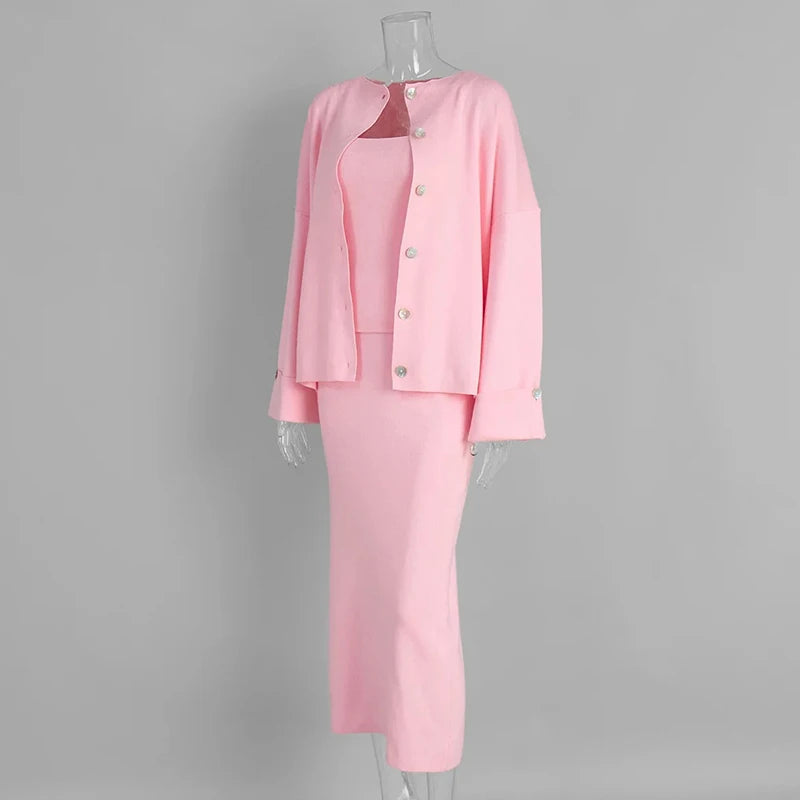 Women's Fashion Three Piece Set Solid Knitted Vest Long Sleeve Single Breasted Coat Chic Maxi Skirt Outfit Winter Casual Dress