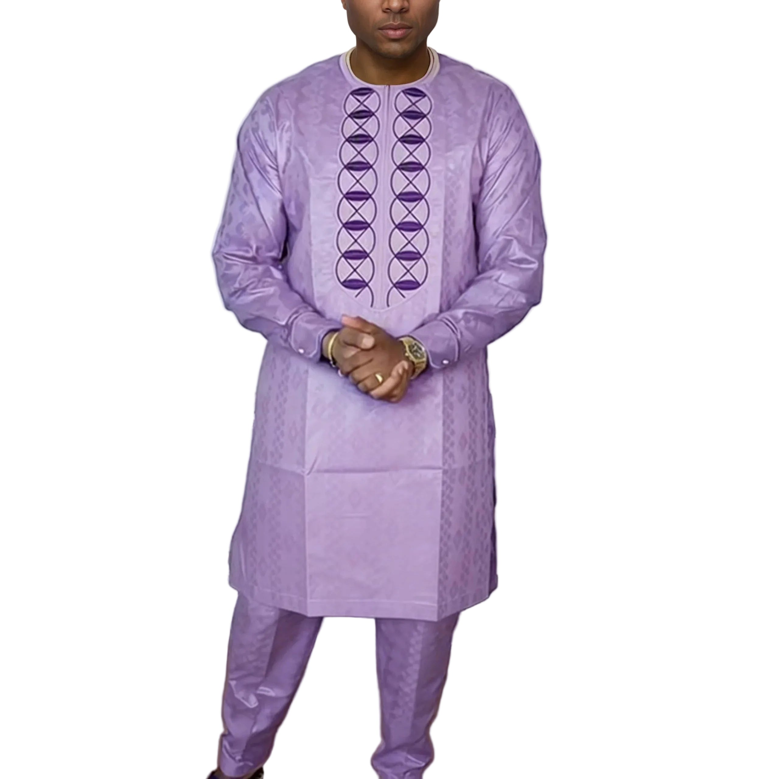 Men's African Agbada 2-Piece Set | Purple Bazin Riche Embroidery Suit | Wedding & Party