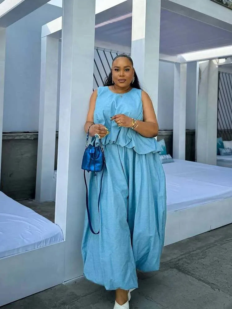 Women's Elegant Two Pieces Sky Blue Sleeveless Top and Wide Leg Pant Casual Loose Fit Summer Outfits Knit Pants Set