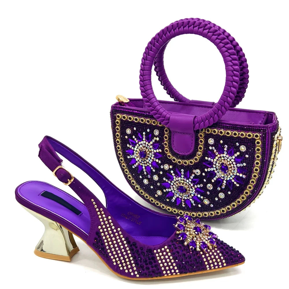 Italian Fashion Rhinestone Women Sanada Shoes And Bag Set Summer Style Woman Pumps Shoes And Bag Matching Set For Party