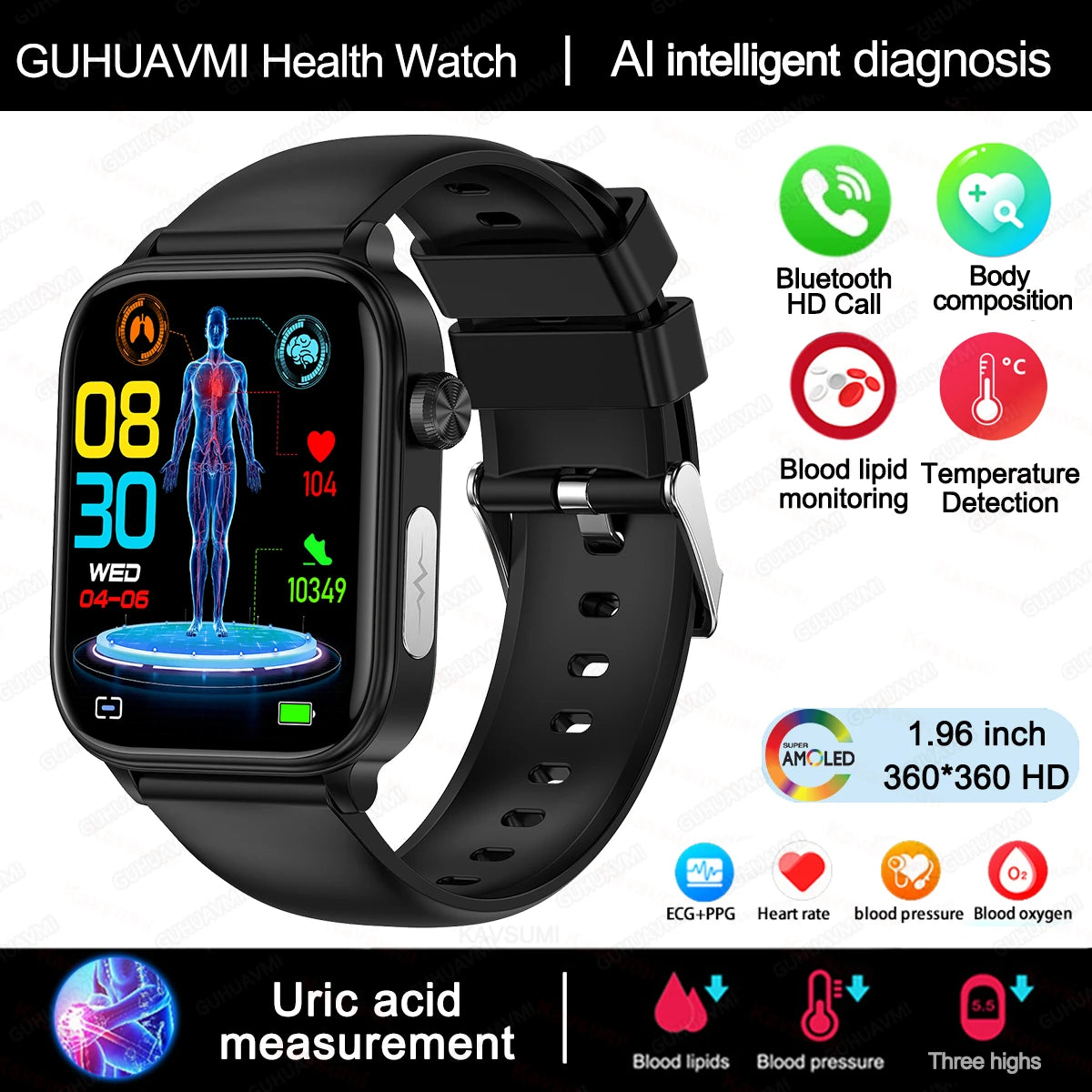 2025 AI Health Smartwatch | ECG+PPG Blood Lipids Uric Acid Body Composition | Men