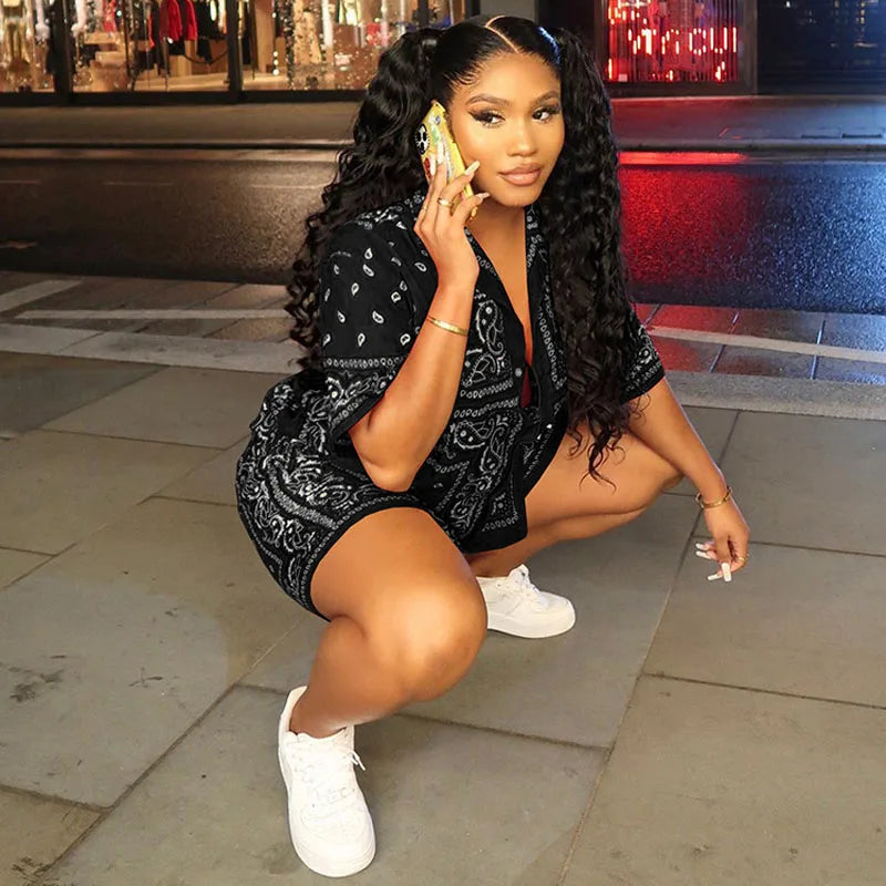 Fashion Paisley Bandana Print 2 Two Piece Sets Women Tracksuit Short Sleeve Shirt + Shorts Sets Female Outfits Matching