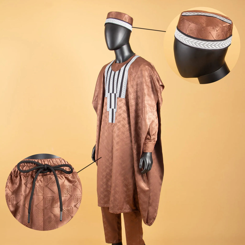 African Matching Outfit for Family Bazin Riche Muslim Sets Dashiki Father and Son Attire Agbada Robe Shirt and Pants Hat Y23F001
