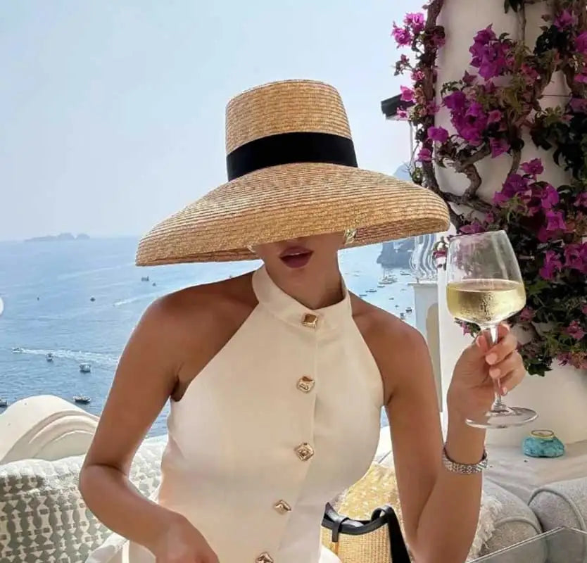 Red edging 2026 Sun Hats Hepburn hat Shiny Straw Hat European American  Braided Female Sunshade  chapeau femme