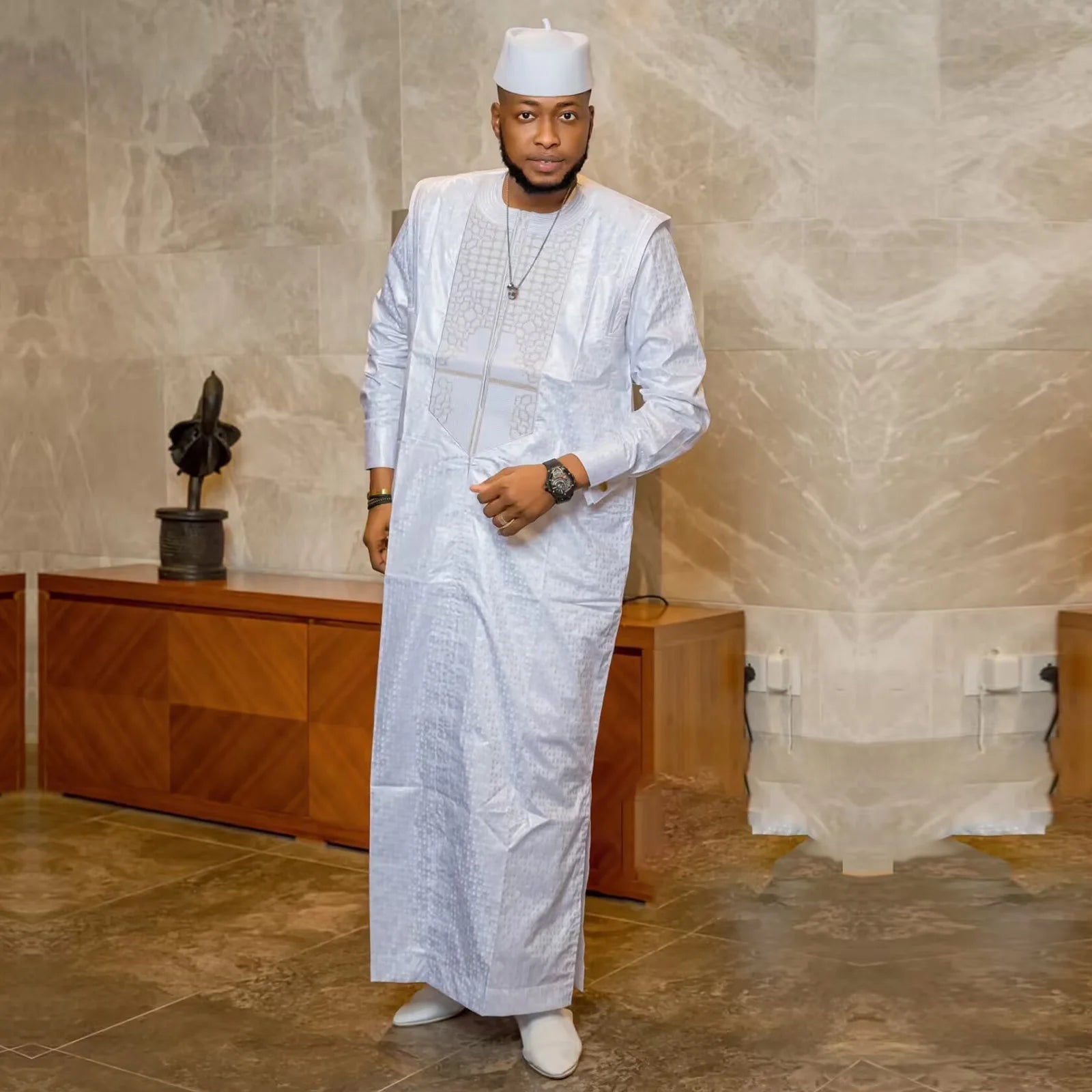Embroidered Bazin Riche 3-Piece Set - Traditional Men's Ensemble