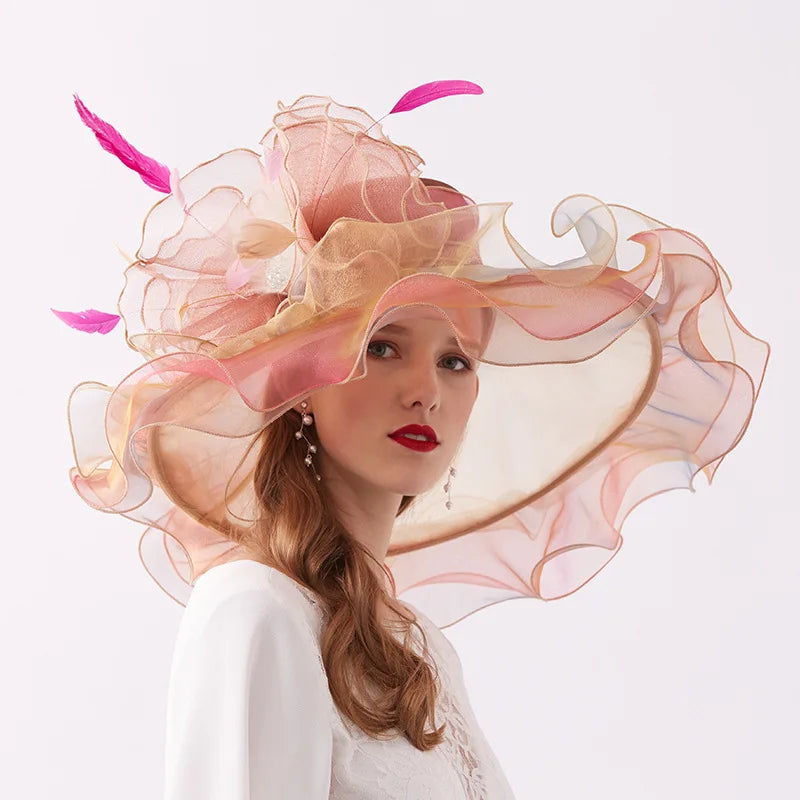 Women's Elegant Fascinators Large Wide Brim Church Hat With Big Flower