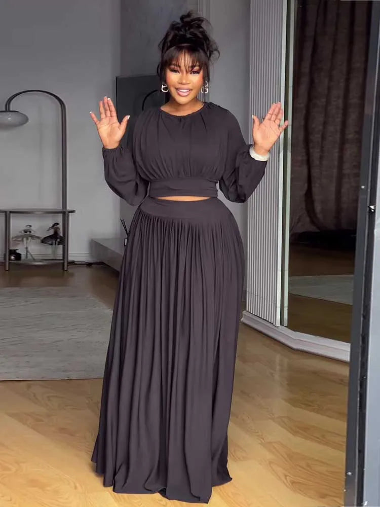 Women's Clothing Autumn 2-piece Long Sleeve Top and Long Skirt Set Casual Dress