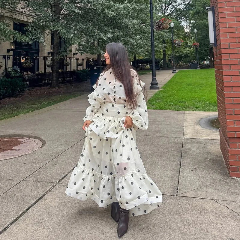 Polka Dot Skirt 2 Piece Set Women Casual High Collar Tie Full Sleeves Elastic High Waist Long Skirt Suit Lady Daily Outfit New