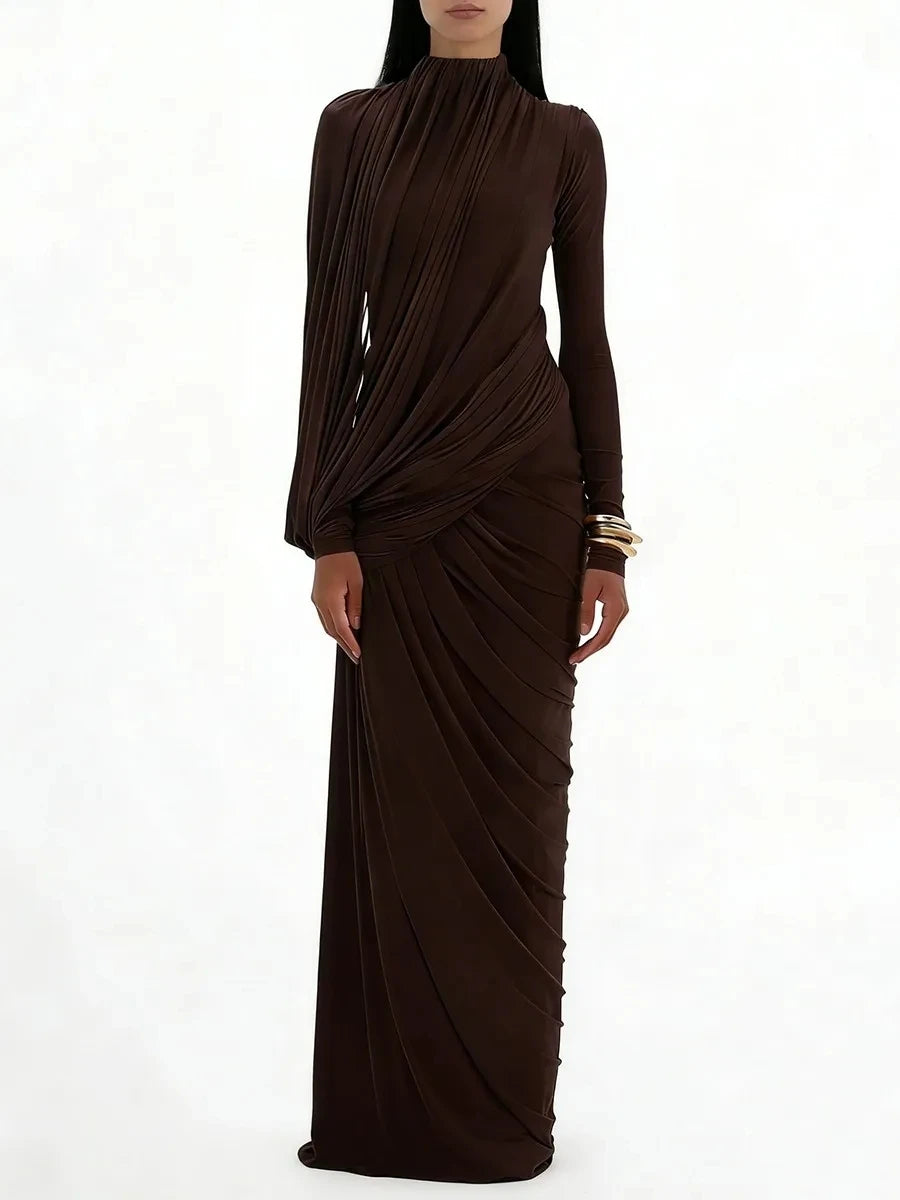 Spliced Folds Irregular Women Round Neck Long Sleeves Tunic Design Sense Long Dress