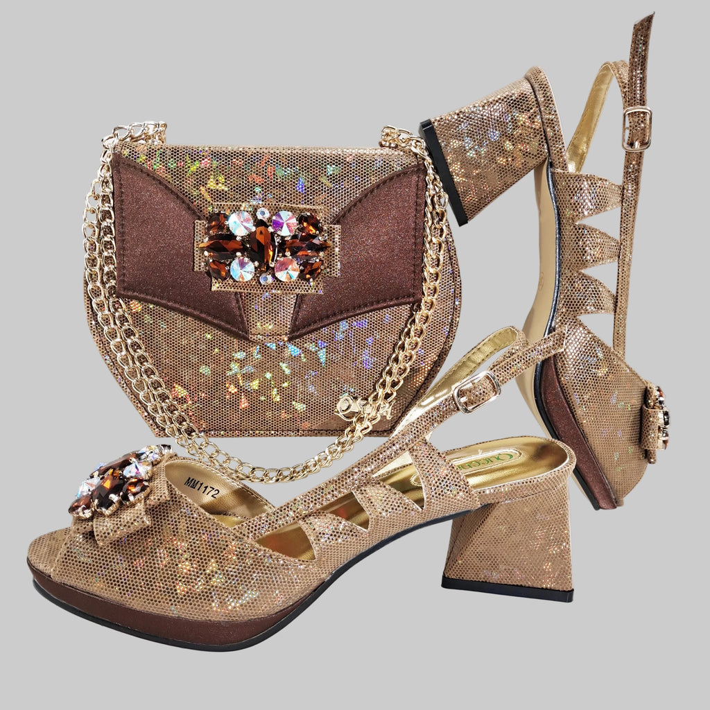 New-Season Peep Toe Ladies Elegant Coral Color Diamond-Embellished High Heels Italian-Designed Shoe and Handbag Set