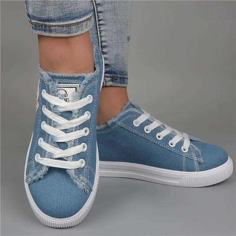 Women's Denim Canvas Sneakers | Low Top Lace-Up Flat Board Shoes | HotTrendyPicks