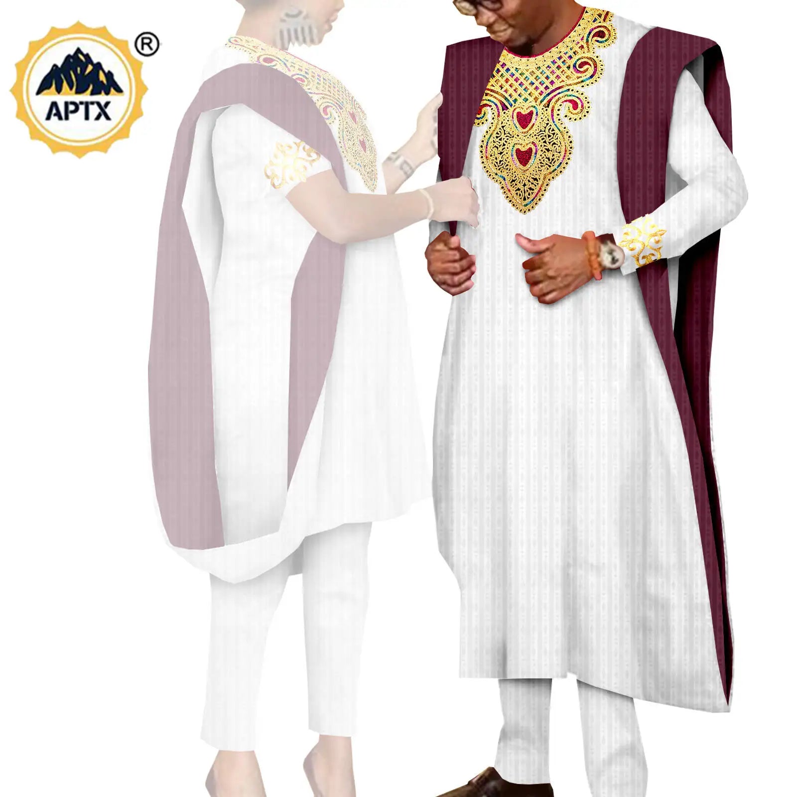 African 3 Pieces Suit for Men Matching Couple Outfits Agbada Dashiki Women Muslim Sets Bazin Riche Applique Robes Asoebi Y23C029