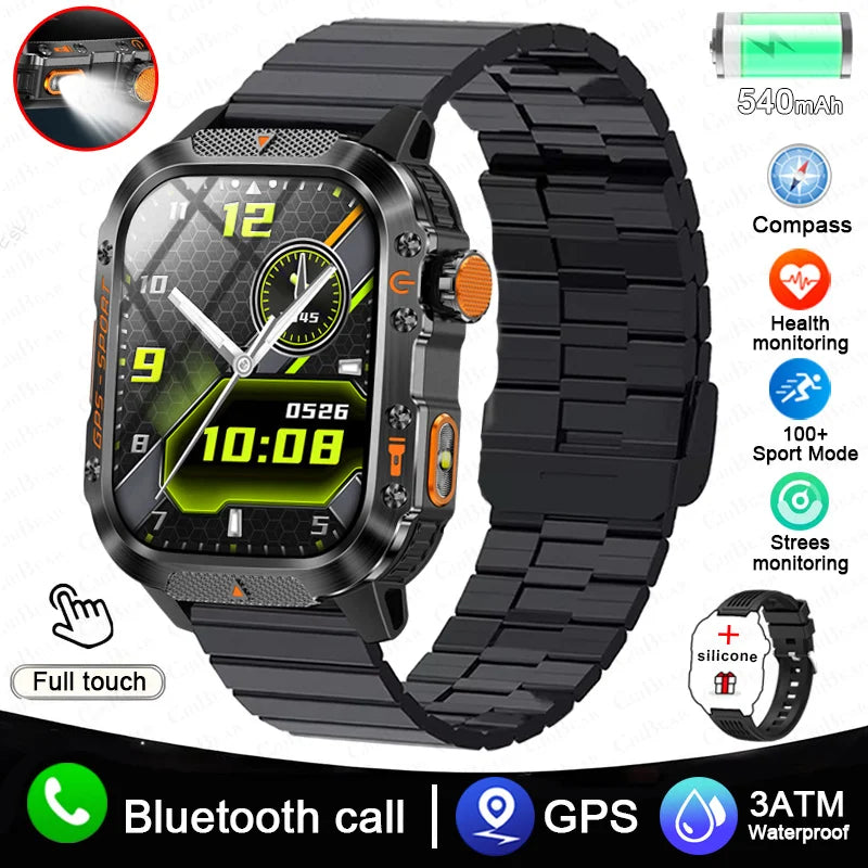 Military GPS Smartwatch Men | 2.01" AMOLED Flashlight Bluetooth 3ATM Waterproof