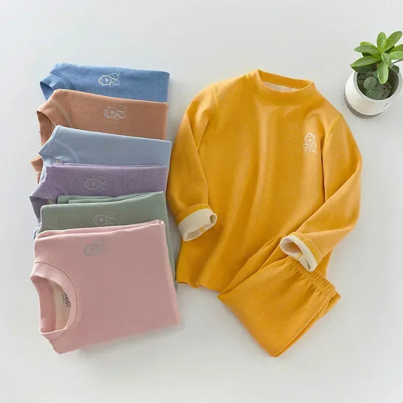 Boys Thermal Fleece Thermal Underwear 37°C Constant Temperature Warm Two-Piece Winter Pajamas Set Unisex Kids Long Johns for Ages 7-13