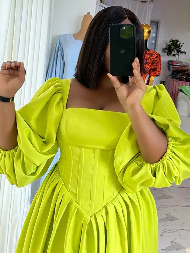 Women Ruched Sleeves Spring High Waist Elegant Slash Neck Long Sexy Green Dress
