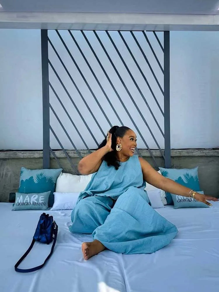 Women's Elegant Two Pieces Sky Blue Sleeveless Top and Wide Leg Pant Casual Loose Fit Summer Outfits Knit Pants Set