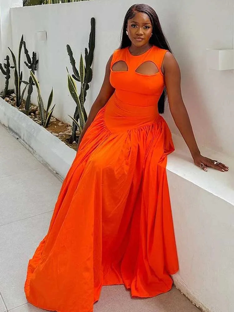 Women's Hollow Out Knitted Maxi Beautiful Orange Elegant Party Dress