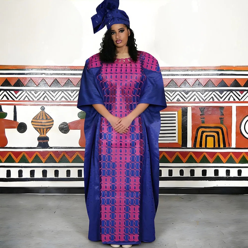 Women's Dashiki Ankara Bazin Riche Embroidery Dress & Headscarf | Wedding & Party
