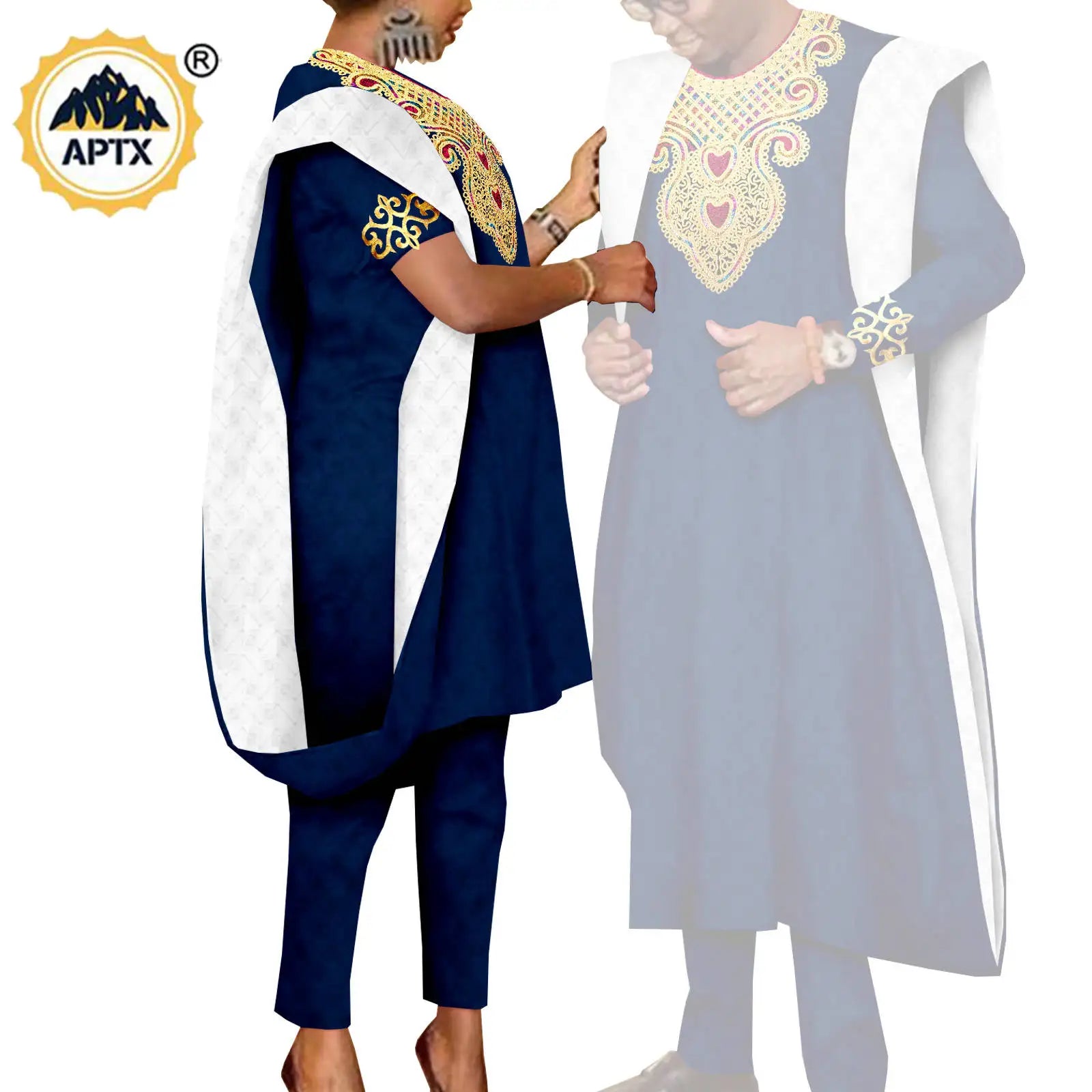 African 3 Pieces Suit for Men Matching Couple Outfits Agbada Dashiki Women Muslim Sets Bazin Riche Applique Robes Asoebi Y23C029