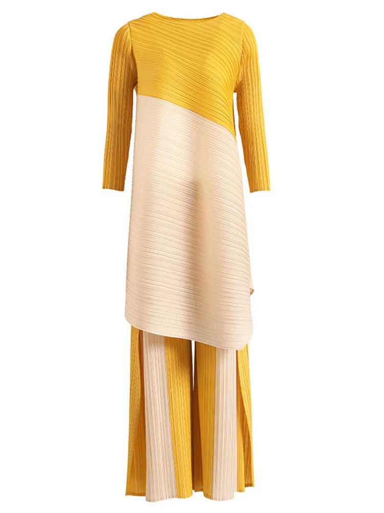 Women's Pleated Sets Contrast Color O-neck Asymmetric Top Dress+ Loose Wide Leg Pant Two-piece Casual Suits