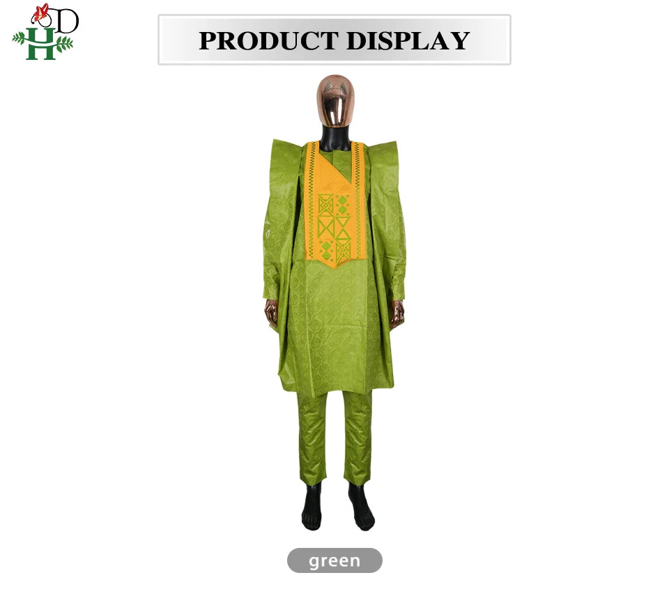 H&D African Clothing For Man Traditional Agbada Sets 3PCS Green Bazin Riche Shirt Pant Embroidery Wedding Party Suits Plus Size