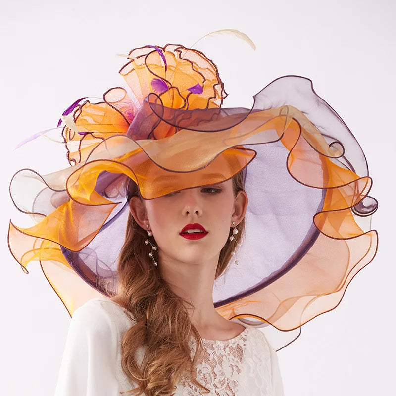 Women's Elegant Fascinators Large Wide Brim Church Hat With Big Flower