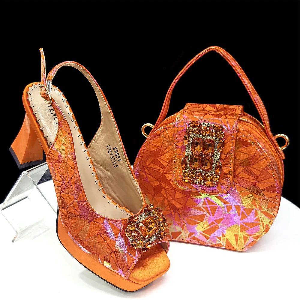 Elegant Women Heels for Peep Toe Good Material Design Rhinestone Fuchsia Sandals Italian Shoes and Bags