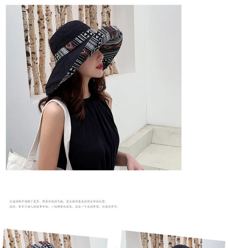 Hat Women's Summer Big Edge Double-Sided Sunshade Bucket Hat Korean Version Versatile Ethnic Style Travel Sun Protection Cap