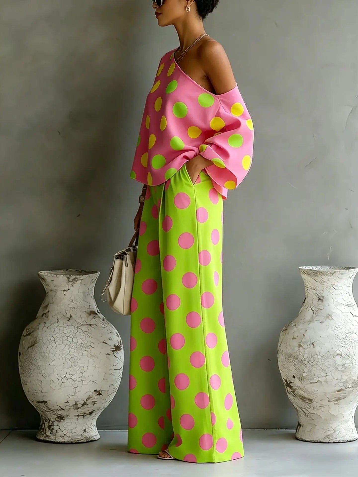 Summer Color Wave Point Set Women Slant Shoulder Open Back Top+High Waist Wide Leg Pants Vacation Style Loose 2 Piece Suit