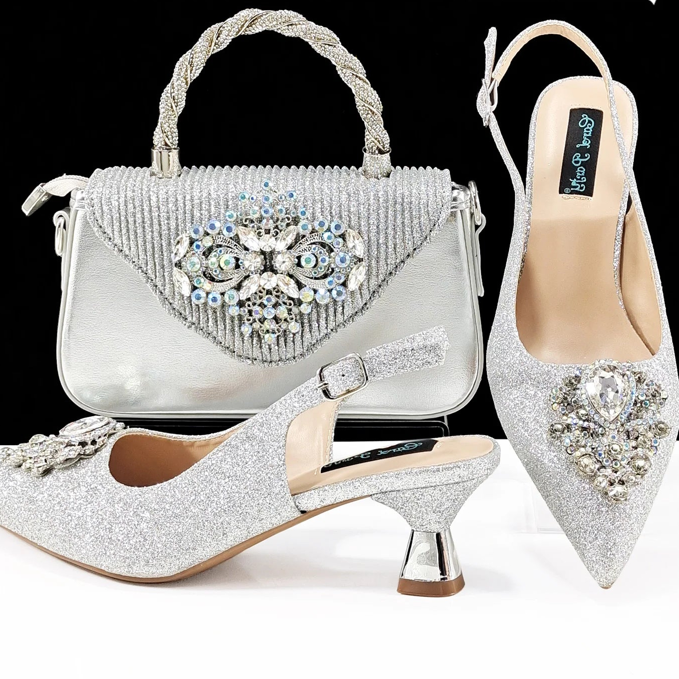 Italian Design Girly Style Silver Color Pointed Toe Wedding Shoes And Bag Full Diamond Decoration Handle Bag