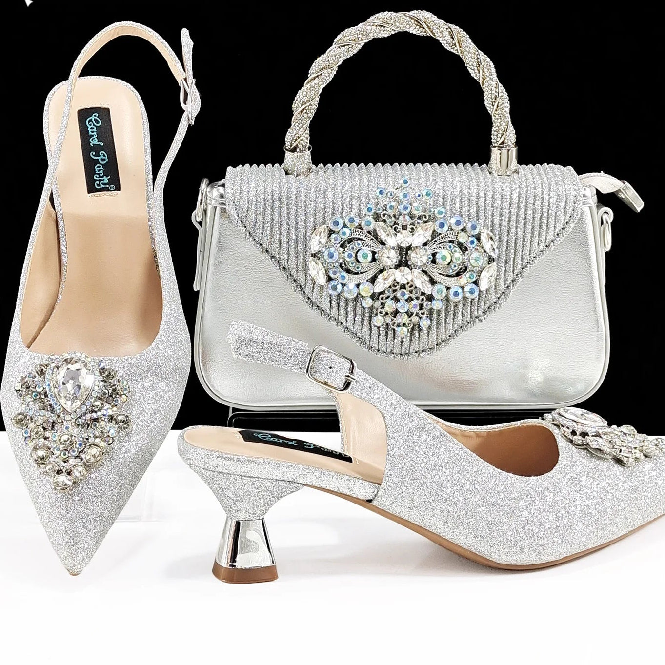 Italian Design Girly Style Silver Color Pointed Toe Wedding Shoes And Bag Full Diamond Decoration Handle Bag