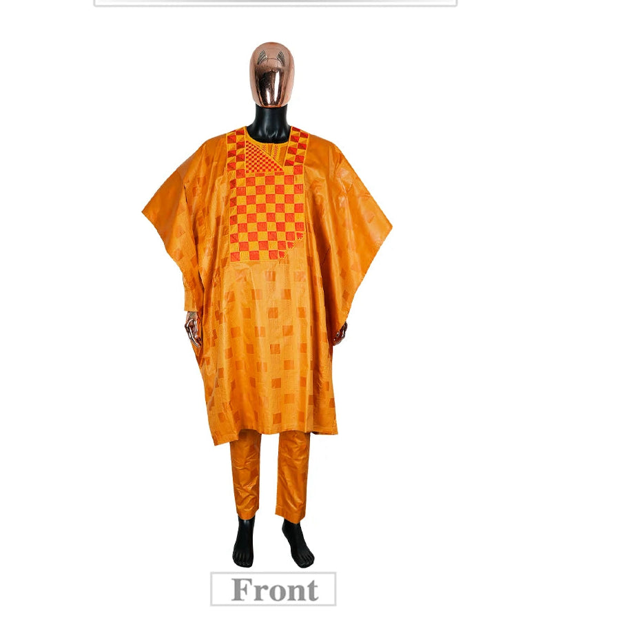 African Men's Traditional Agbada Sets 3PCS Yellow Bazin Riche Embroidery Wedding Party Couple Suits boubou