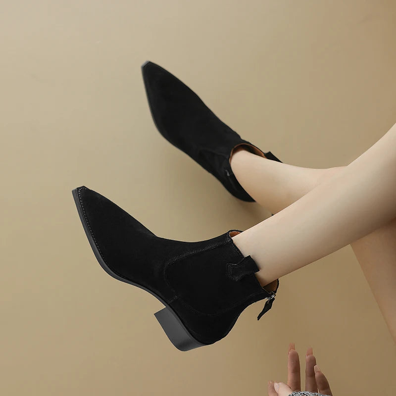 New 2025 Trend Autumn Cow Suede Women Western Boots Black Brown Khaki Chocolate Green Burgundy Pointed Toe Ladies Ankle Boots