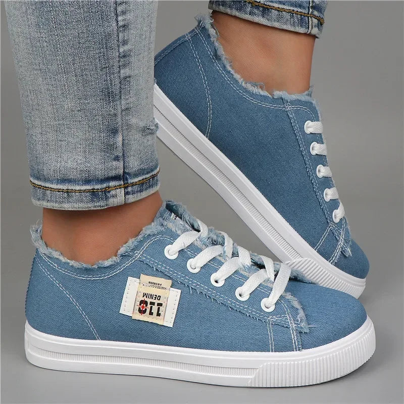 Women's Denim Canvas Sneakers | Low Top Lace-Up Flat Board Shoes | HotTrendyPicks
