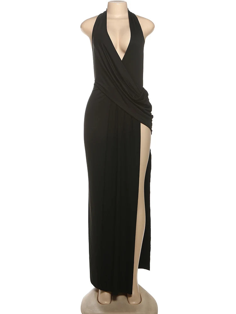 Sexy Backless Long Dress Women Halter Deep V-Neck Sleeveless High Splits Hem New Trend Pool Style Elegant Vestidos