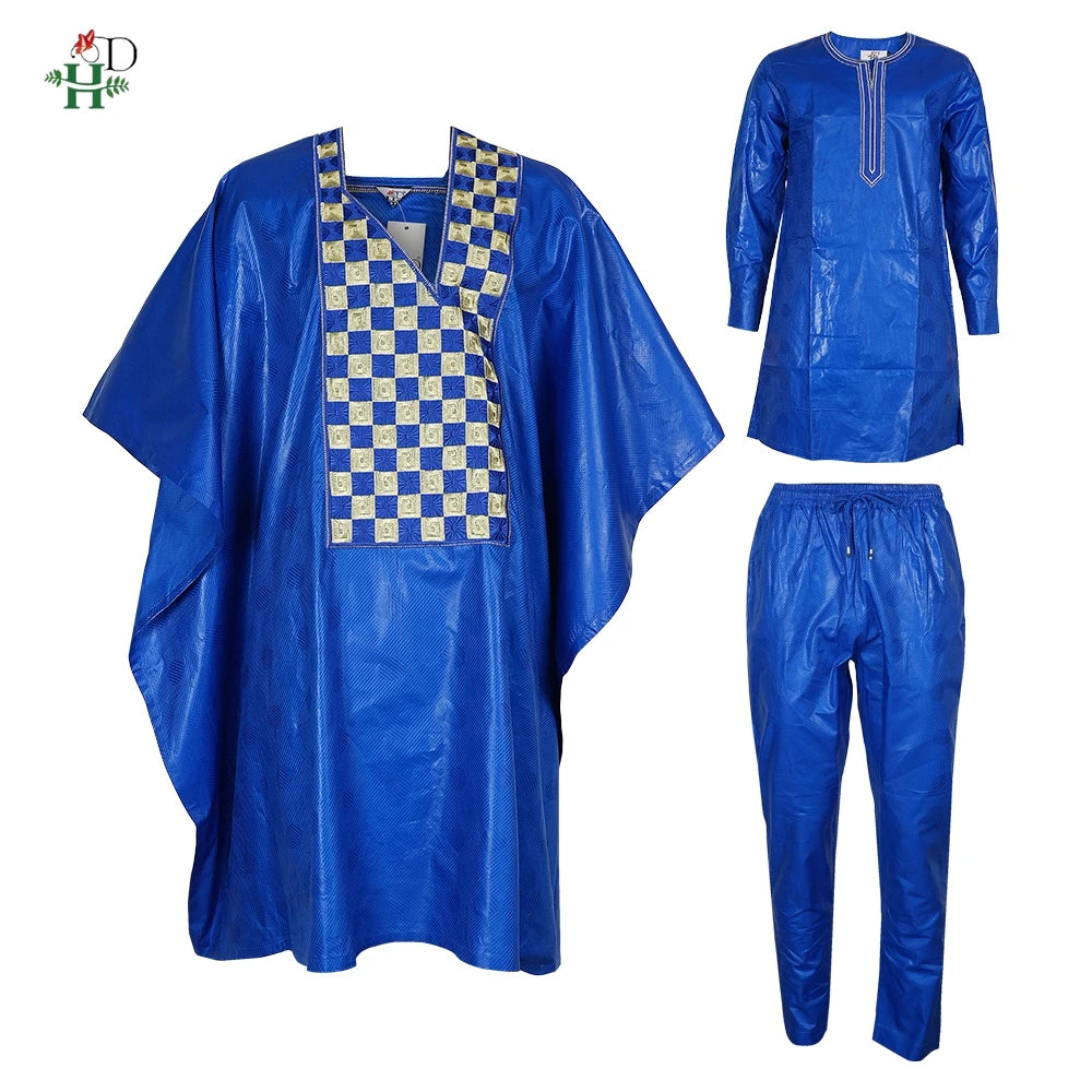 Men's African Agbada 3-Piece Set | Blue Bazin Riche Embroidery Shirt & Trousers | Wedding & Party