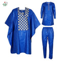 Men's African Agbada 3-Piece Set | Blue Bazin Riche Embroidery Shirt & Trousers | Wedding & Party