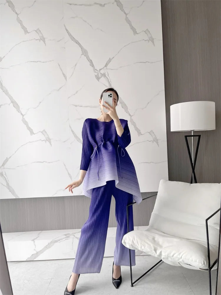 EGRM Gradient Pleated Set Drawstring Slim Full Sleeved Top and High Waisted Wide Leg Pants 2 Piece Sets for Women 2023 New 8RM91
