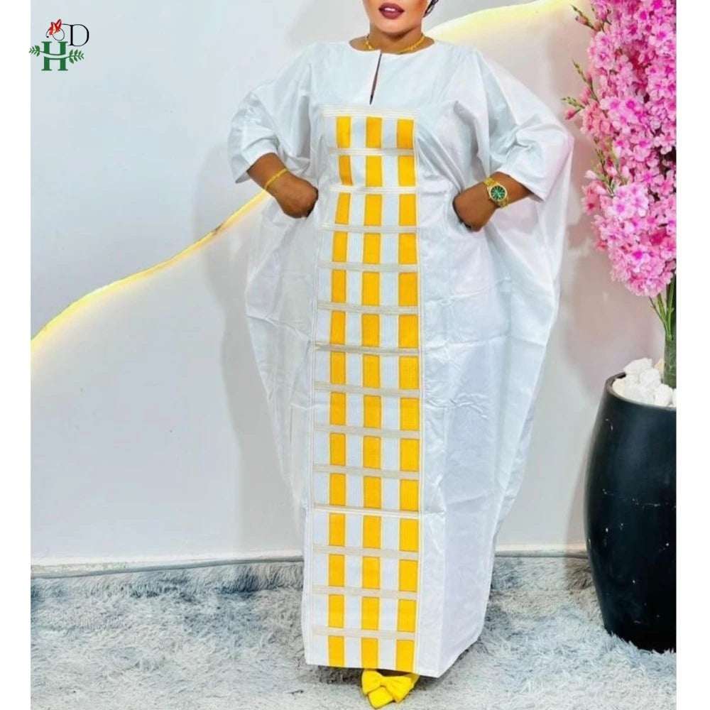 African Plus Size Kaftan Dress | Bazin Embroidery Puff Sleeve Muslim Robe | Wedding & Church