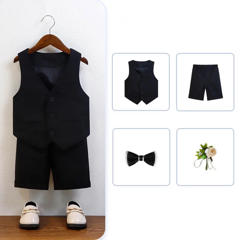 Children Green White Baptism Photography Suit Kids Vest Shirt Shorts Bowtie