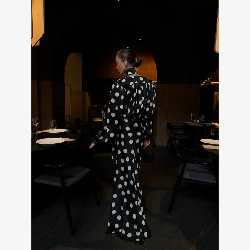 Polka Dot Skirt 2 Piece Set Women Casual High Collar Tie Full Sleeves Elastic High Waist Long Skirt Suit Lady Daily Outfit New