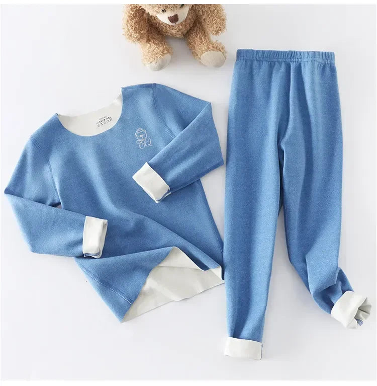 Boys Thermal Fleece Thermal Underwear 37°C Constant Temperature Warm Two-Piece Winter Pajamas Set Unisex Kids Long Johns for Ages 7-13
