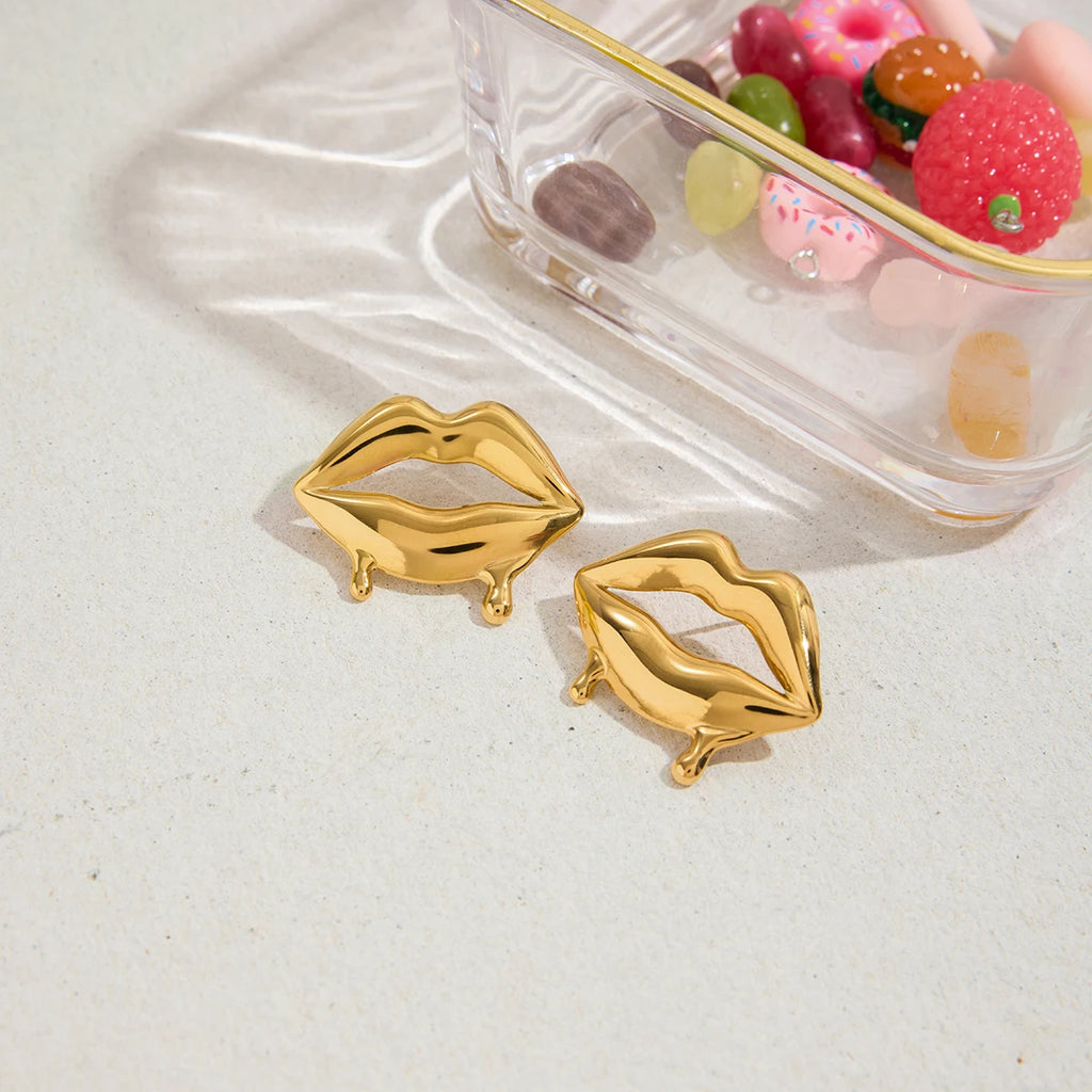Zora Sweet And Romantic 18K Gold Color Plated Liquid Melted Lip Earrings Hypoallergenic Waterproof Stainless Steel Women Jewelry