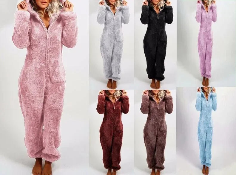 Autumn Winter Thick Fleece Women's Onesie Pajamas with Hat Casual Style Comfortable Soft Fabric