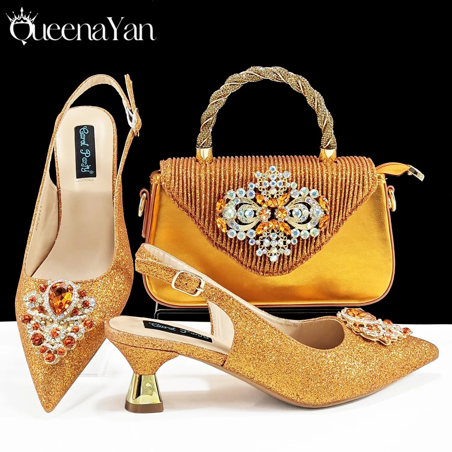 Italian Design Girly Style Silver Color Pointed Toe Wedding Shoes And Bag Full Diamond Decoration Handle Bag